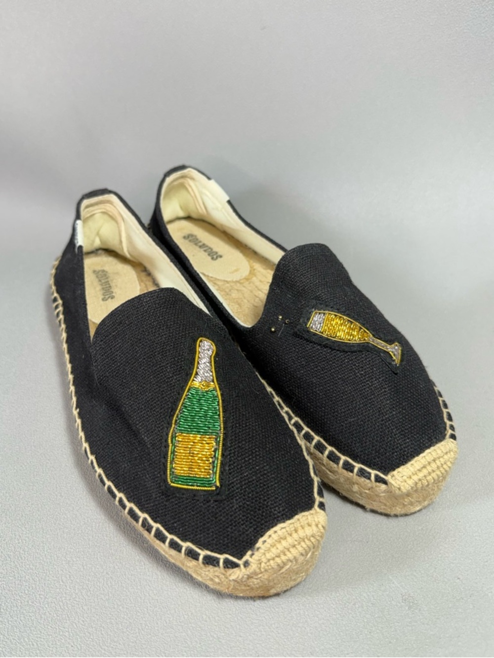 Soludos Black Espadrille Cheers Smoking Slippers Embroidered Champagne Motif